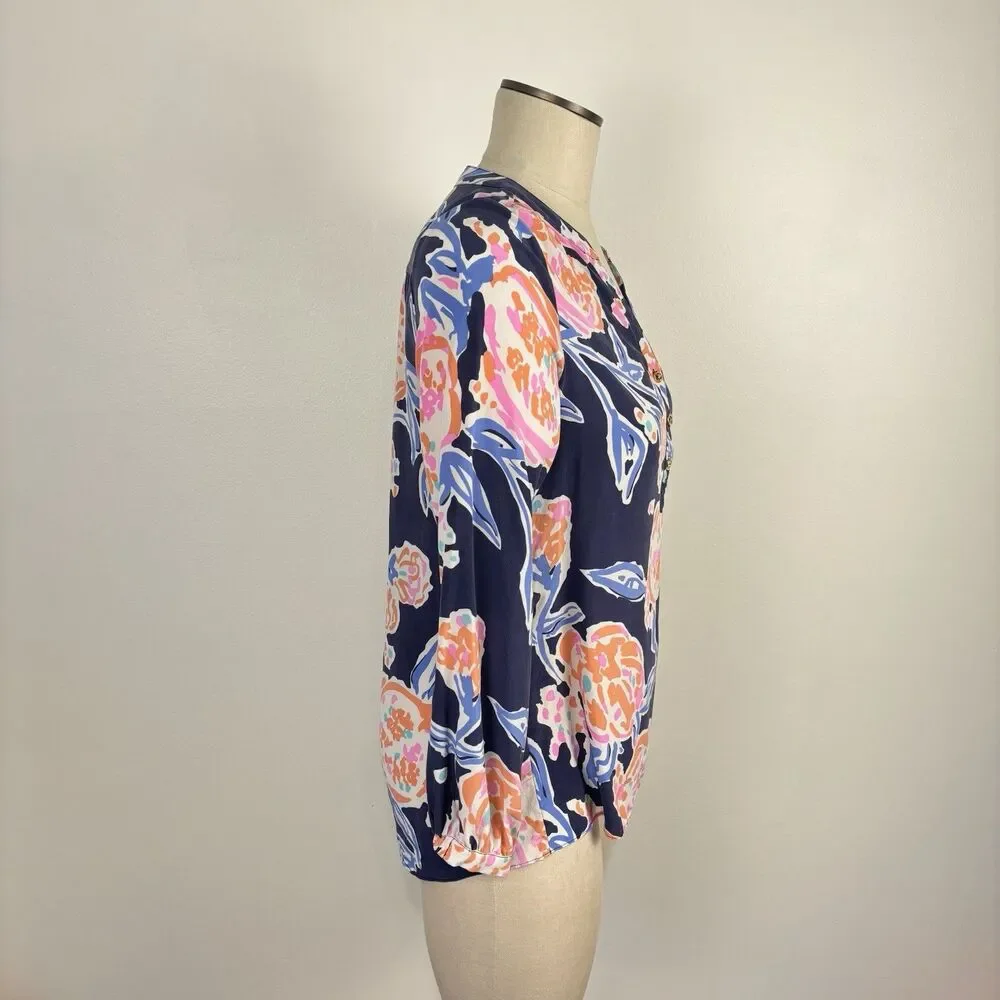 Lilly Pulitzer Top XS Navy Floral Alexandra Henley Long Sleeve Bright Pom Pom